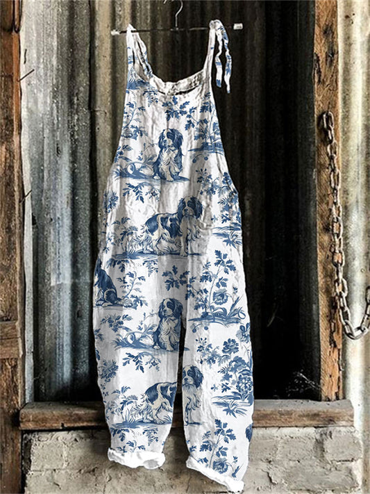 Comstylish Women's Retro Funny Denim Patch Animal Dog Print Casual Overalls
