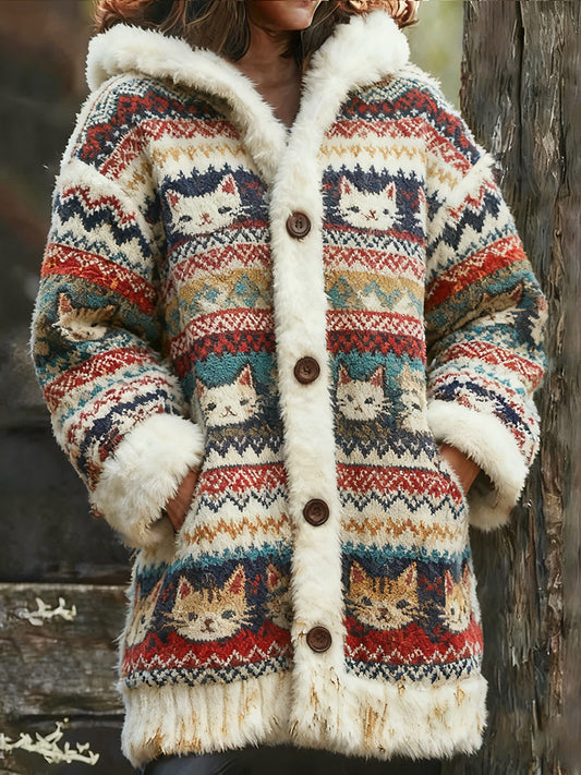 Comstylish Fair Isle Cats Jacquard Knitted Hooded Cardigan