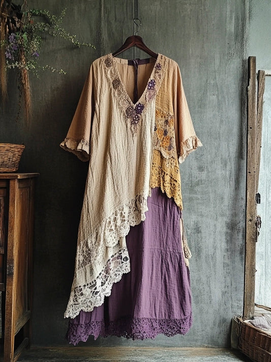 Vintage Lace Patchwork Clashing Color Women's Linen Long Dress artswardrobe