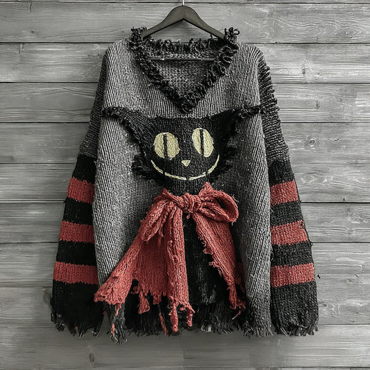 Comstylish Halloween Caped Black Cat Striped Knitted Cozy V-neck Sweater