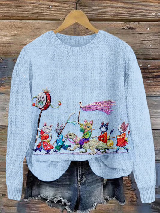 Comstylish Cute Japanese Cats Art Embroidered Cozy Sweater