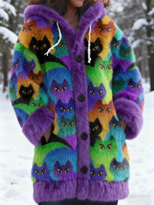 Cute Cozy Cats In Patchwork Art Cozy Knit Hooded Cardigan elevenforest
