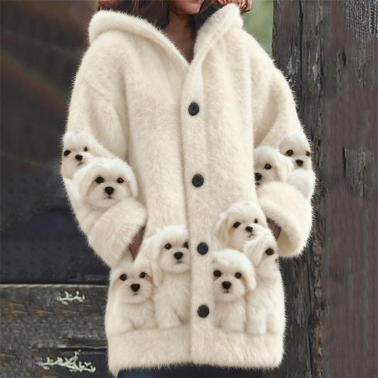 Comstylish Fuzzy Maltese Dogs Art Cozy Knit Hooded Cardigan