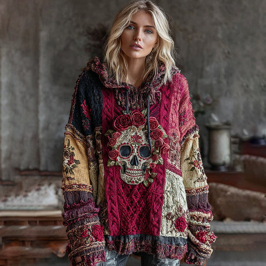 Comstylish Boho Rose And Skull Inspired Colorblock Design Cozy Knit Hooded Sweater