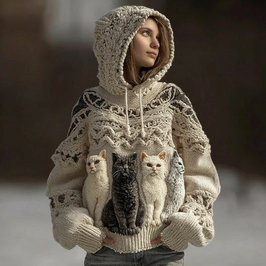 Women's Cute Cat Embroidered Hooded Sweater