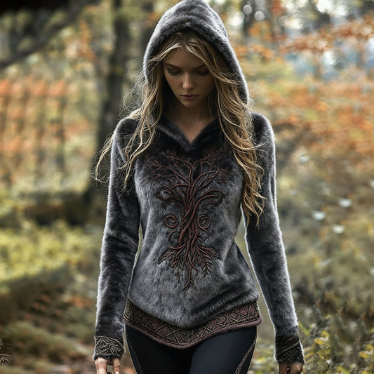 Comstylish Women's Vintage Viking Tree Of Life Pattern Plush Cozy Hoodie