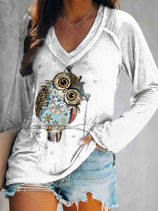 Women's Owl Art Print V-Neck Long Sleeve Top