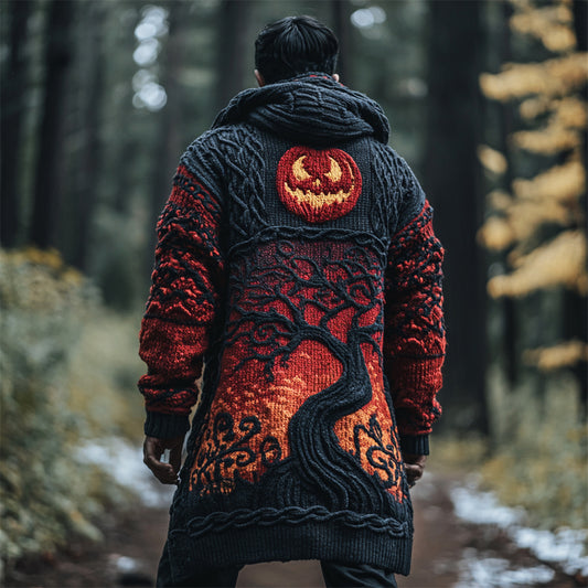Halloween Pumpkin Face & Tree Of Life Knit Art Men's Hooded Long Cardigan artswardrobe