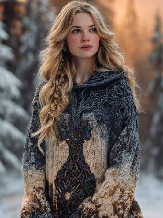 Women's Hooded Thick Sweater With Viking Style Tribal Totem artswardrobe