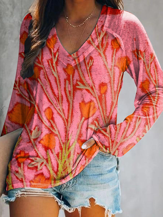 Women's Casual Vintage Floral Art Print V Neck Long Sleeve Tops