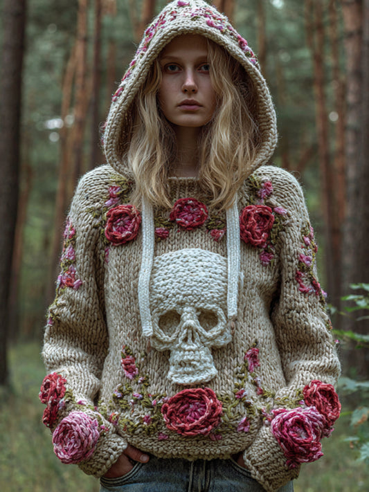 Comstylish Women Halloween Skull Romantic Rose Vintage Hooded Sweater