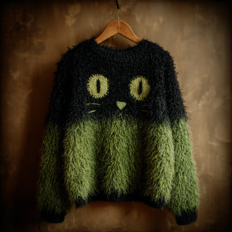 Women's Casual Vintage Halloween Black Cat Embroidered Sweater artswardrobe
