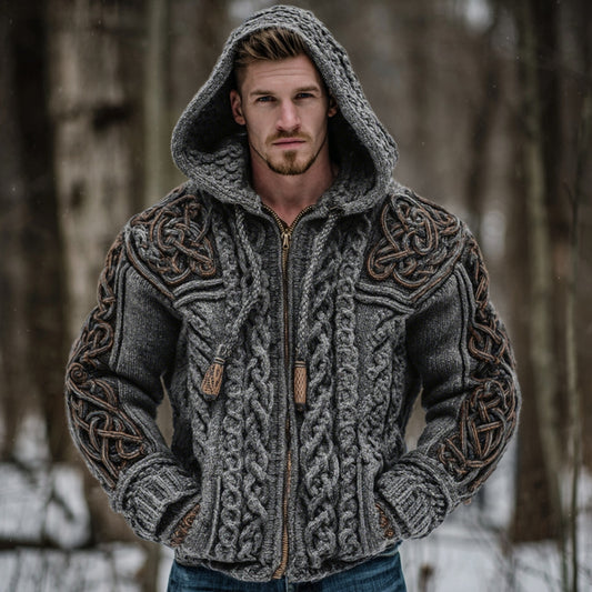 Men's Vintage Viking Celtic Knot Art Chunky Knit Hooded Zip-up Sweater artswardrobe