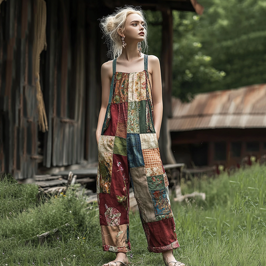 Women's Retro Floral Patchwork Linen Print Cotton Linen Jumpsuit artswardrobe