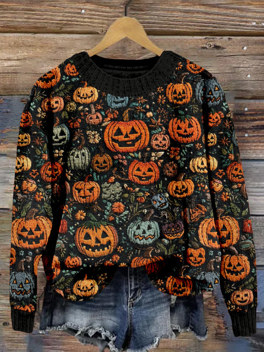 Spooky Embroidered Jack O Lanterns Cozy Sweater artswardrobe
