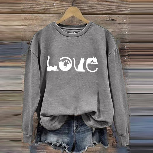 Cat Love Printed Round Neck Casual Sweatshirt elevenforest