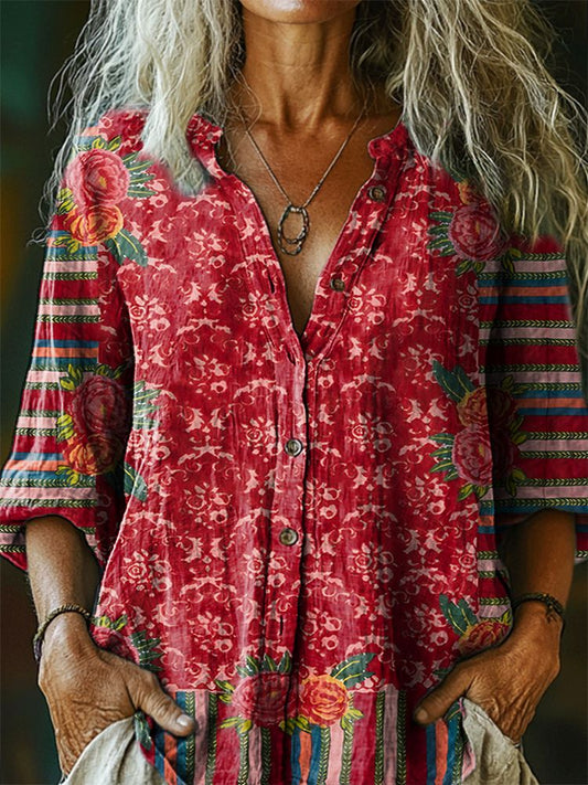 Women's Vintage Floral Tattoo Pattern Art Print Casual Cotton Linen Sh