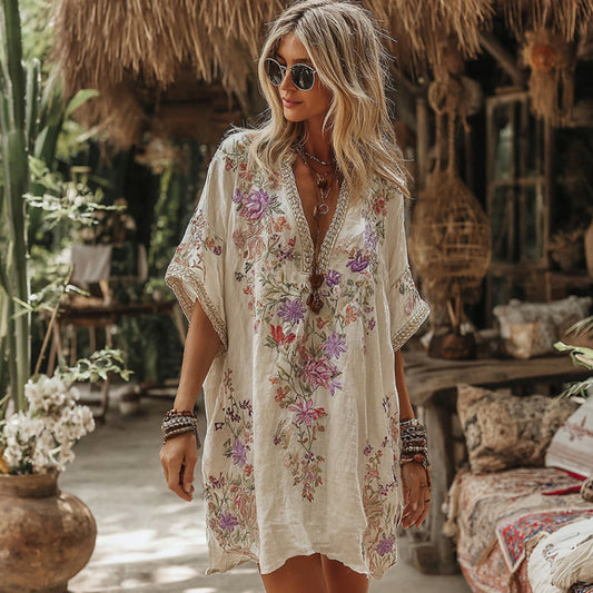 Comstylish Women's Floral Embroidery Art V Neck Comfy Short Sleeve Midi Dress
