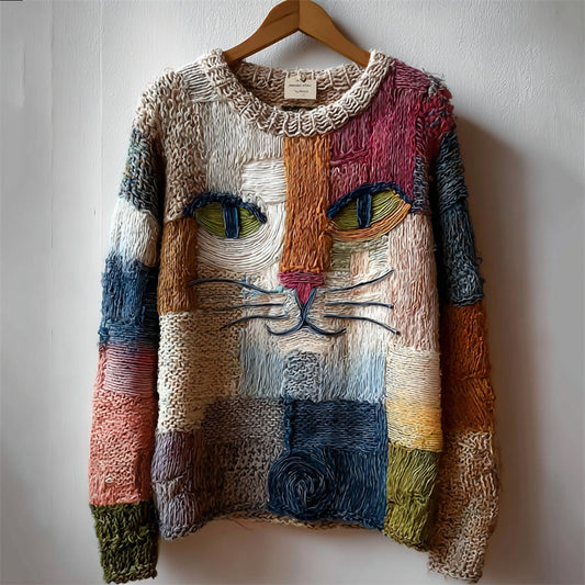Comstylish Vintage Cat Face Colorblock Art Cozy Knit Sweater