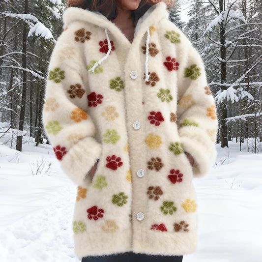 Vintage Colorful Puppy Paw Art Cozy Knit Hooded Cardigan elevenforest