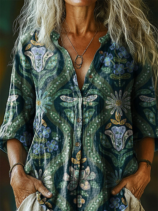Women's Floral Dragonfly Art Print Casual Cotton Linen Shirt