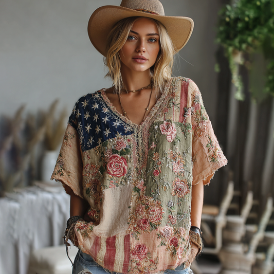 Women's Vintage American Western Country Style Floral And Stars Embroidered Linen Blend V-neck T-shirt artswardrobe