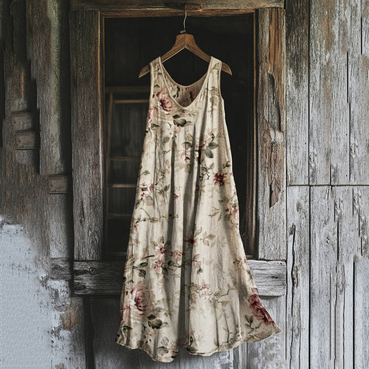 Women's Vintage Flower Print Linen Blend Midi Dress artswardrobe
