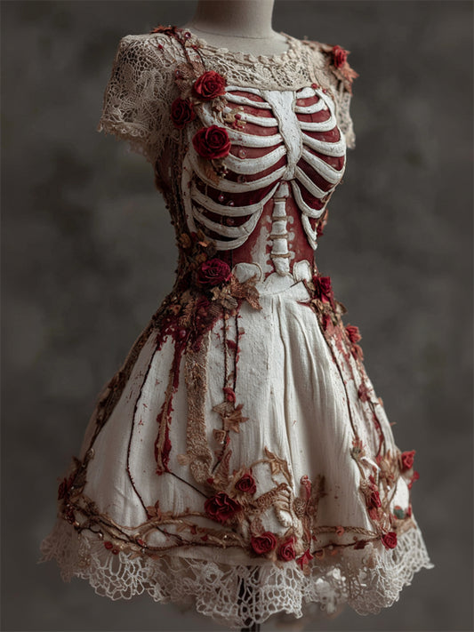 Comstylish Halloween Bloody Red Roses Rib Cage Vintage Lace Linen Dress