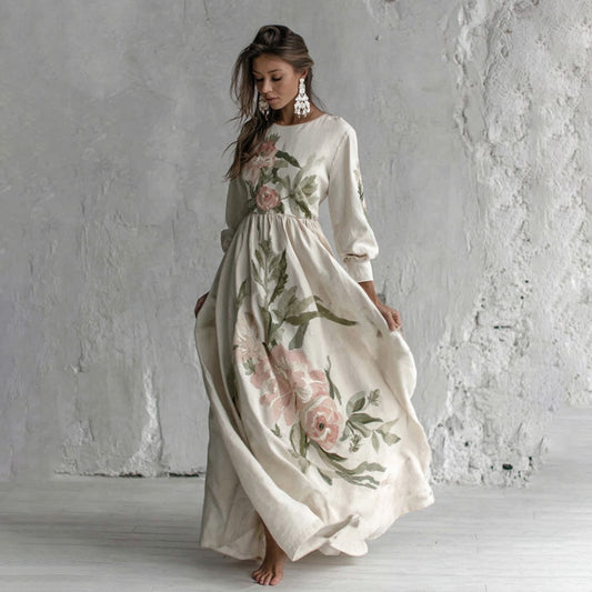Women's Rose Printed Art V-neck Long Sleeve Maxi Dress