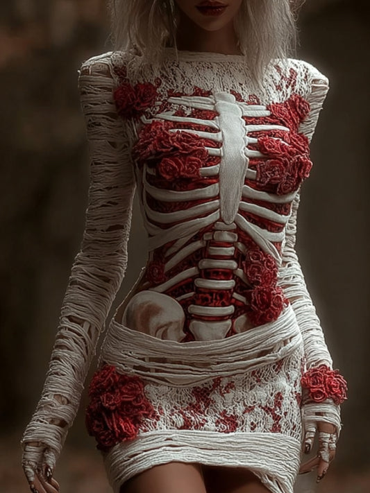 Comstylish Women's Halloween Skeleton Bandage Round Neck Dress
