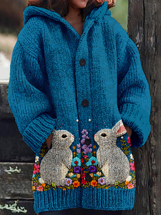 Bright Pastel Knitted Bunny Pattern Cozy Hooded Cardigan artswardrobe