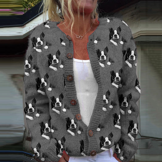 Comstylish Boston Terrier Lazy Puppy Applique Wool Felt Art Cozy Cardigan Sweater