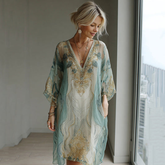 Vintage Marble Texture Collection Retro Bohemia Women Style Gradient Gilded Pattern Linen Dress artswardrobe