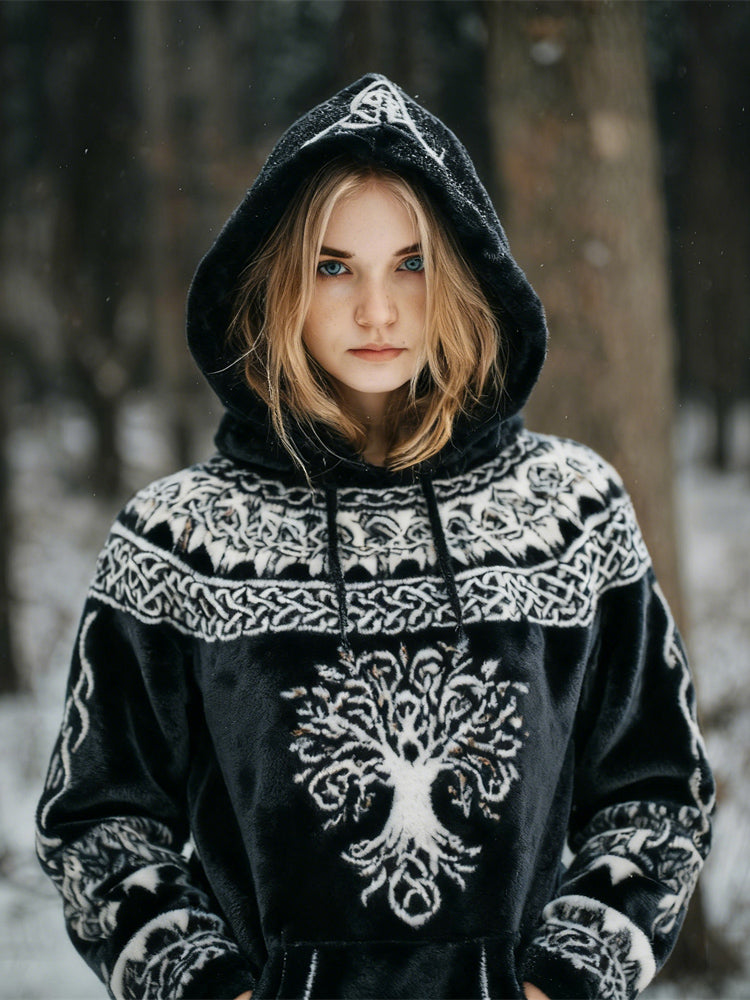 Comstylish Viking Celtic Tree Design Women's Flannel Hoodie