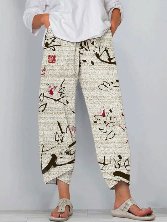 Comstylish Ink Painting Floral Print Women's Linen Trouser