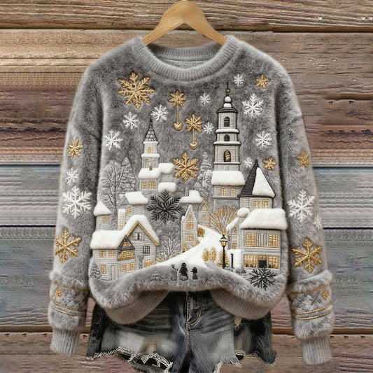 Comstylish Christmas Snow Scene Embroidery Women's Cozy Plush Sweater