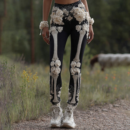 Vintage Halloween Skeleton Bones With Rose Art Cozy Knit Leggings artswardrobe