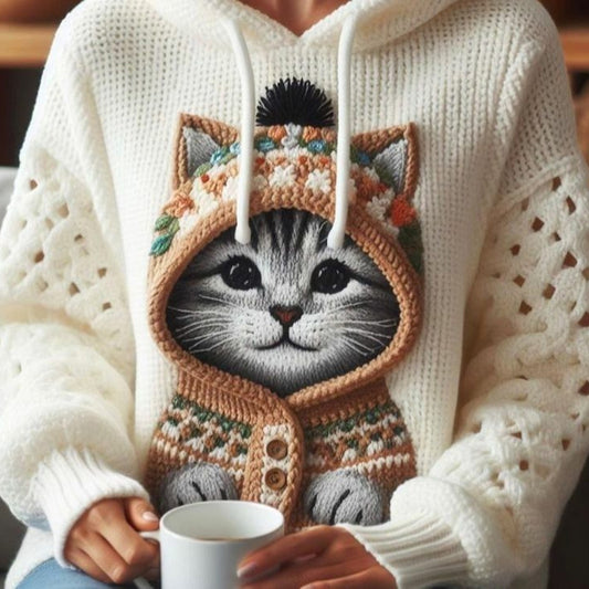 Women's Cute Winter Cat Art Knitted Warm Sweater