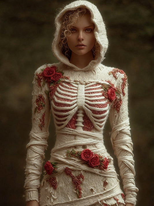 Comstylish Halloween Skeleton&red Rose Elegant Bandage Hoodie Dress
