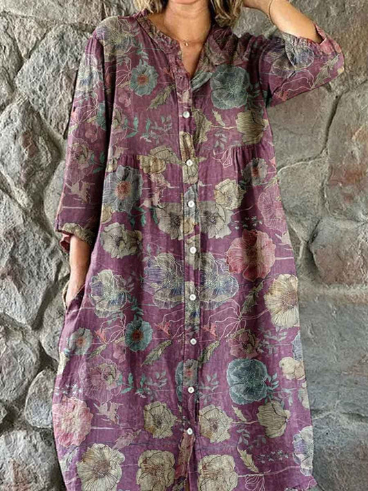 Women's Elegant Vintage Floral Pattern Shirt Style Cotton and Linen Dress