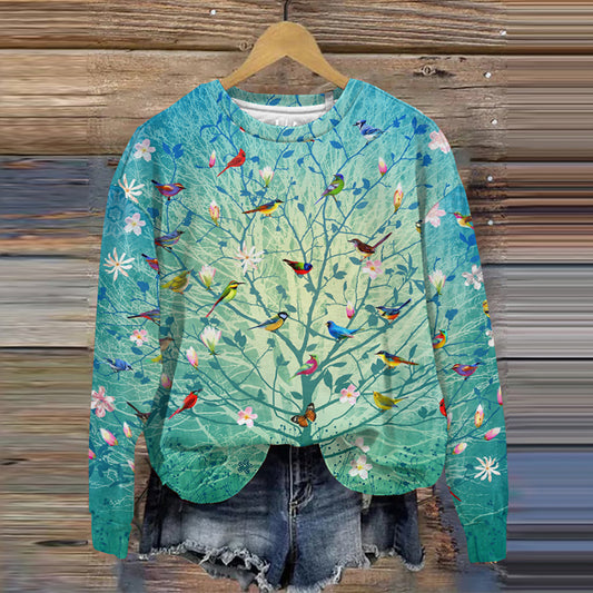 Birds In The Tree Print Women's Crew Neck Sweatshirt artswardrobe