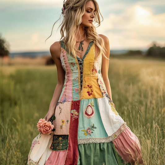 Women's Vintage Bohemian Floral Comfort Sleeveless Dress artswardrobe
