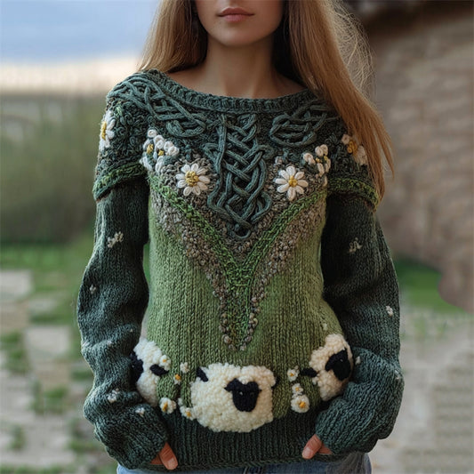Comstylish Fuzzy Sheep Floral Vintage Celtic Crochet Cozy Knit Sweater