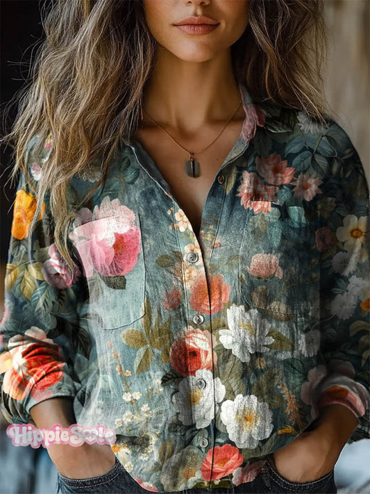 Women's Vintage Lovely Floral Art Print Casual Long Sleeve Comfortable