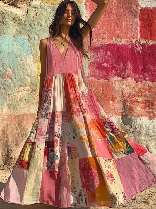 Vintage Boho Floral Patchwork V Neck Flowy Linen Dress artswardrobe