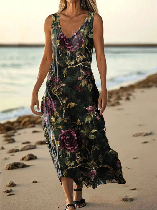 Women's Vintage Floral Art Print Pocket Cotton Dress