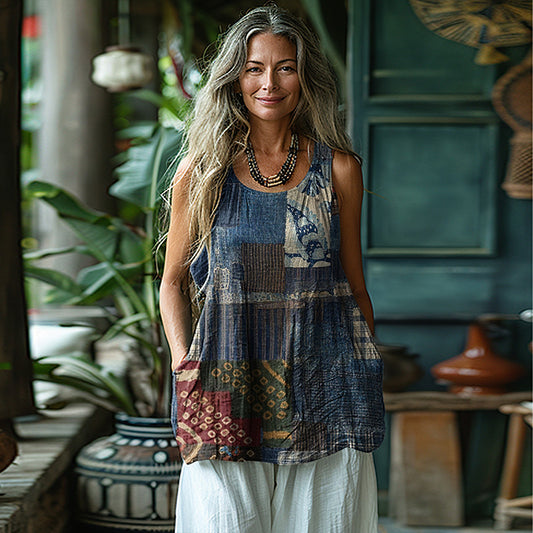 Women's Loose Japanese Traditional Sashiko Patchwork Linen Sleeveless Tank Top artswardrobe