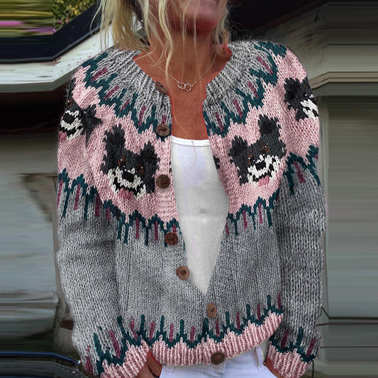 Comstylish Cute Dog Print Long Sleeve Knitted Cardigan