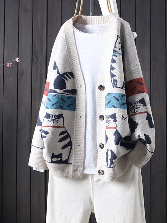 Cute Cat Pattern Loose Fit Comfy Knit Cardigan elevenforest