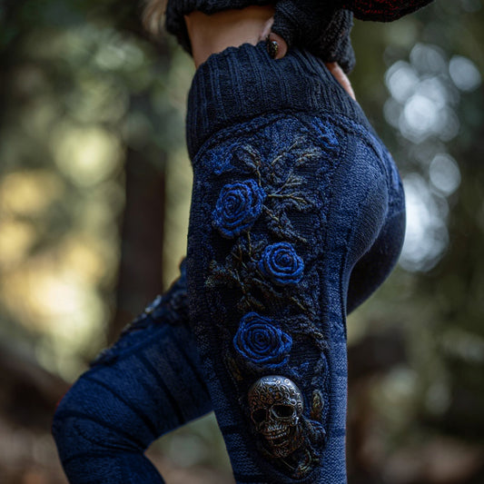 Women's Vintage Sugar Skull And Rose Pattern Comfortable Leggings elevenforest